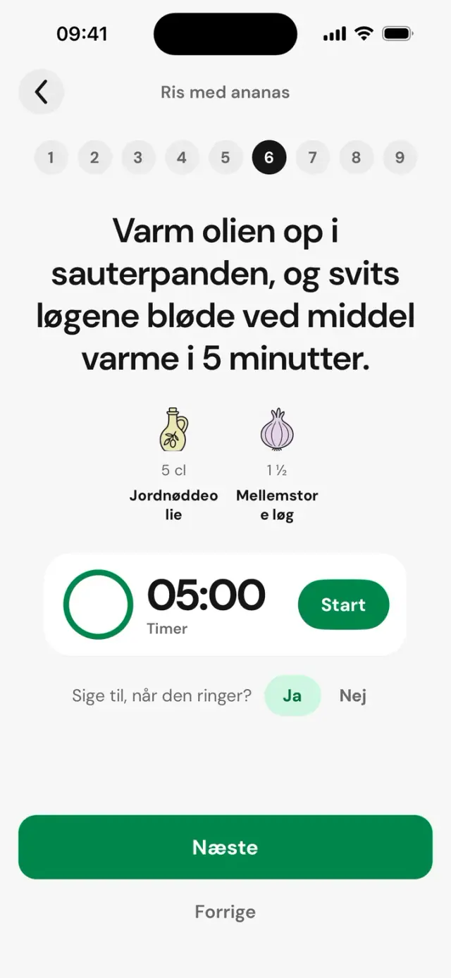 Madlavningstilstand, trin 5 af 8: varm olien op og svits løgene bløde, timer 05:00