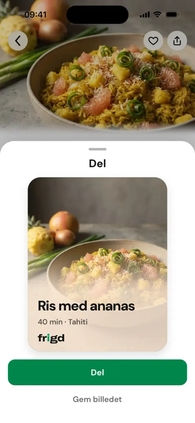 Panelet »Del« for en opskrift, med det skabte billede
