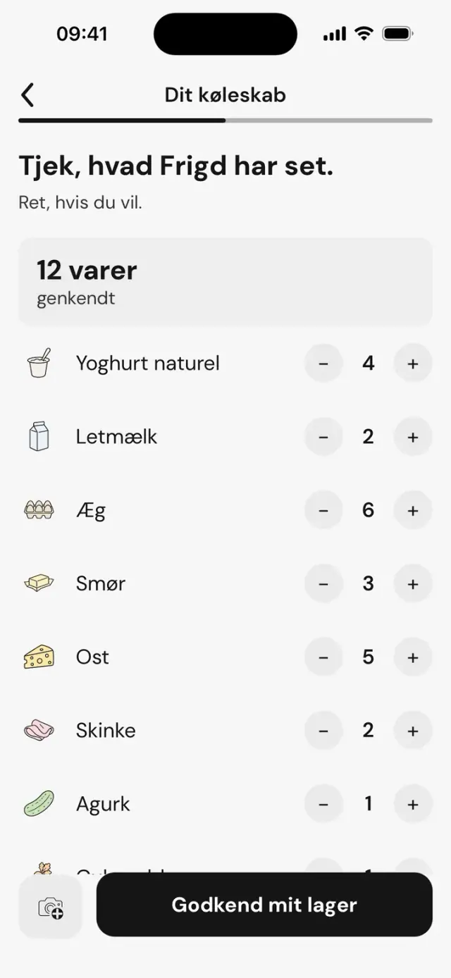 Skærmen »Tjek, hvad Frigd har set.«: 12 genkendte varer med mængder