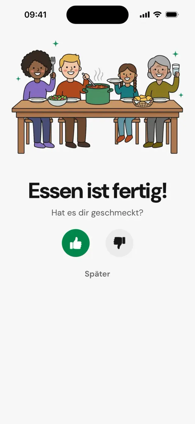 Bildschirm „Essen ist fertig! Hat es dir geschmeckt?“ mit einer Familie am Tisch
