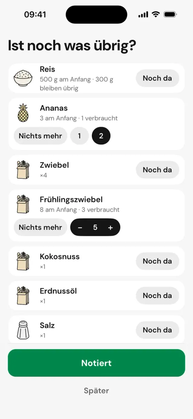 Bildschirm „Ist noch was übrig?“: Reis, Ananas, Zwiebeln, mit „Noch da“ oder „Nichts mehr“