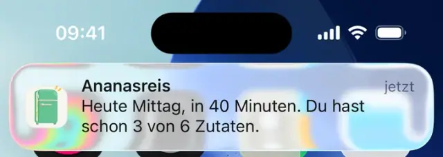 Mitteilung: Ananasreis. Heute Mittag, in 40 Minuten. Du hast schon 3 von 6 Zutaten.