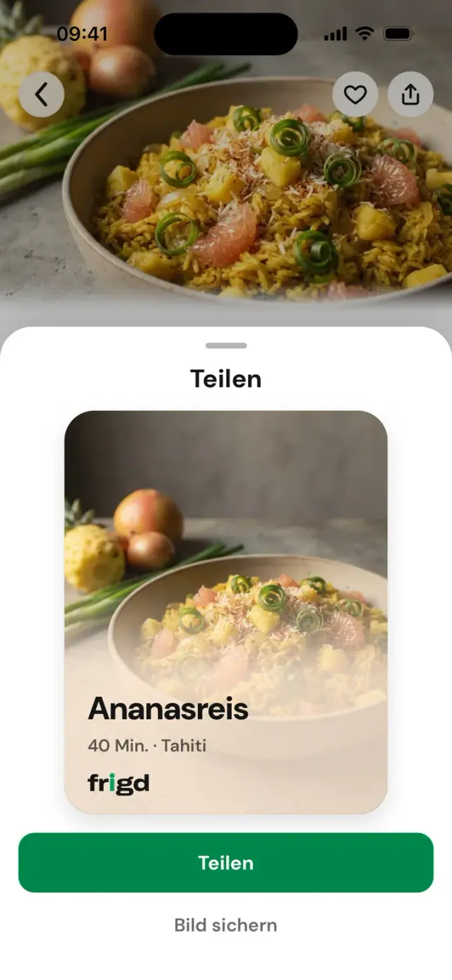 Blatt „Teilen“ eines Rezepts mit dem erzeugten Bild