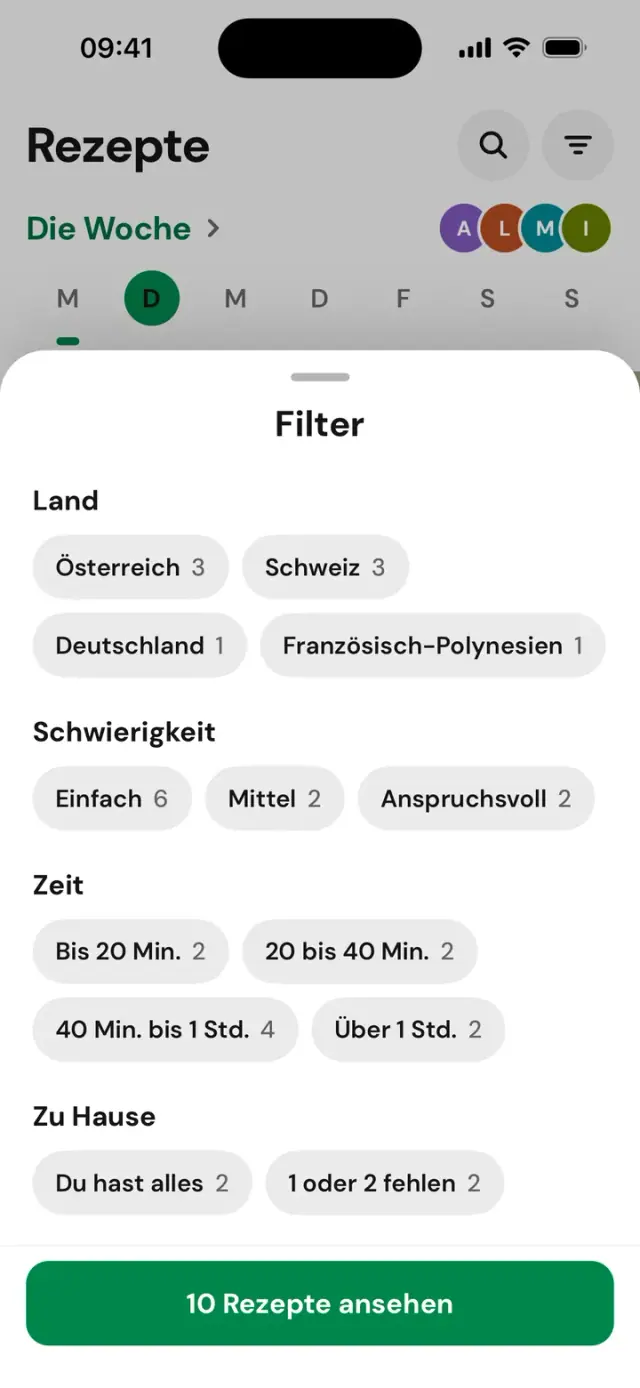Blatt „Filter“: Land, Zeit, Zu Hause