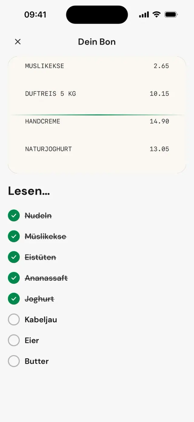Der Kassenbon, Zeile für Zeile gelesen: „Lesen…“