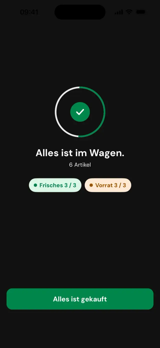 Bildschirm „Alles ist im Wagen. 6 Artikel“, Frisches 3 von 3, Vorrat 3 von 3