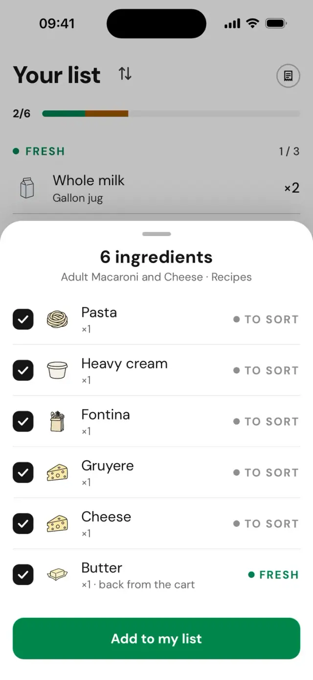 A recipe’s ingredients imported into the list