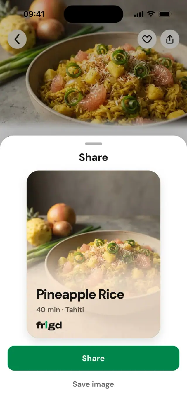 The “Share” sheet for a recipe, with its generated image