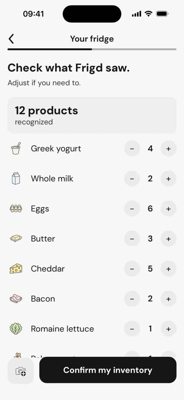 Screen “Check what Frigd saw.”: 12 products recognized, with their quantities