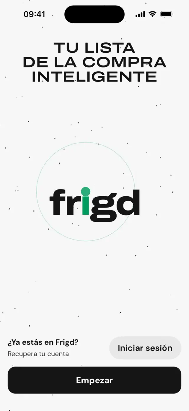 Primera pantalla de la app: «Tu lista de la compra inteligente», logotipo frigd