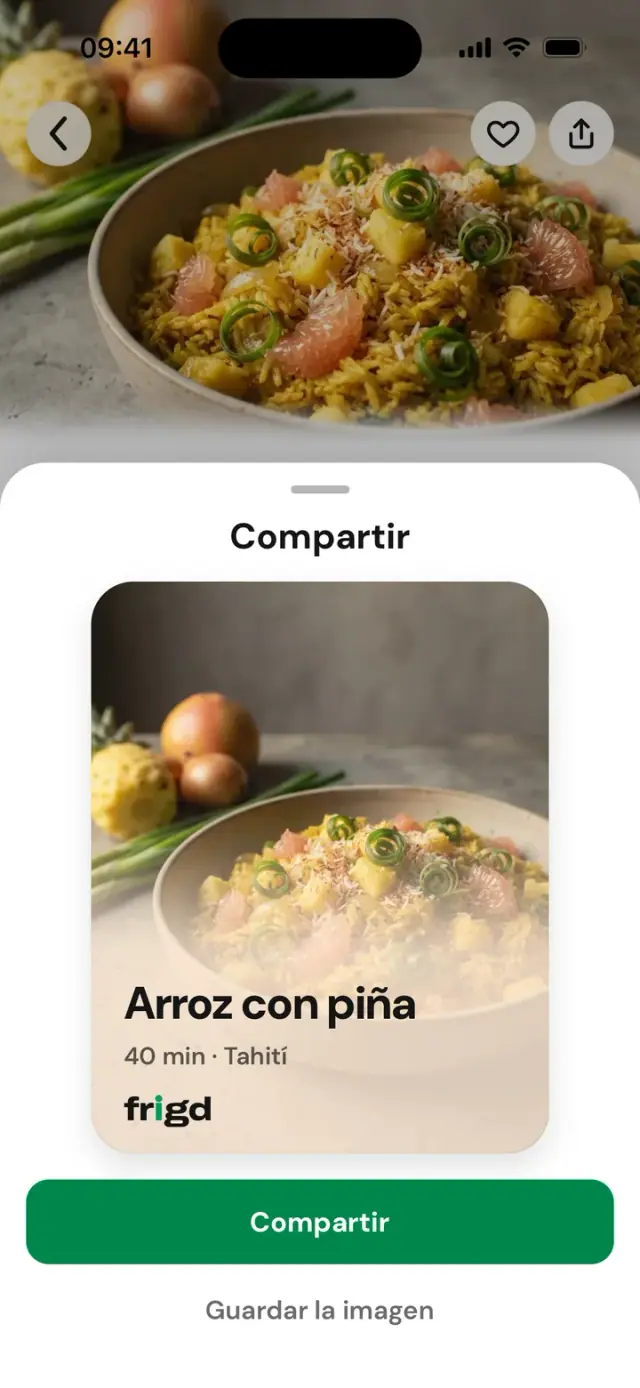 Hoja «Compartir» de una receta, con la imagen generada