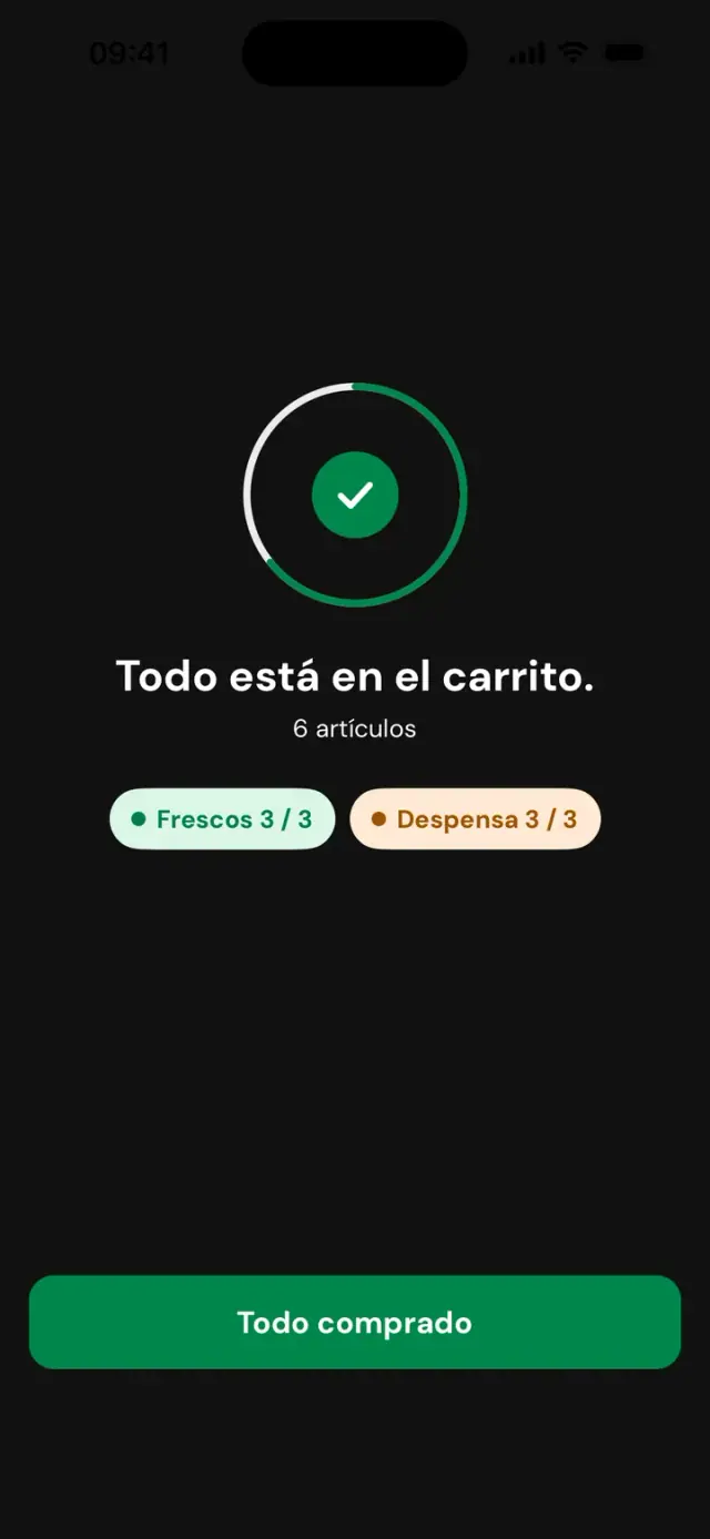Pantalla «Todo está en el carrito. 6 artículos», Frescos 3 de 3, Despensa 3 de 3