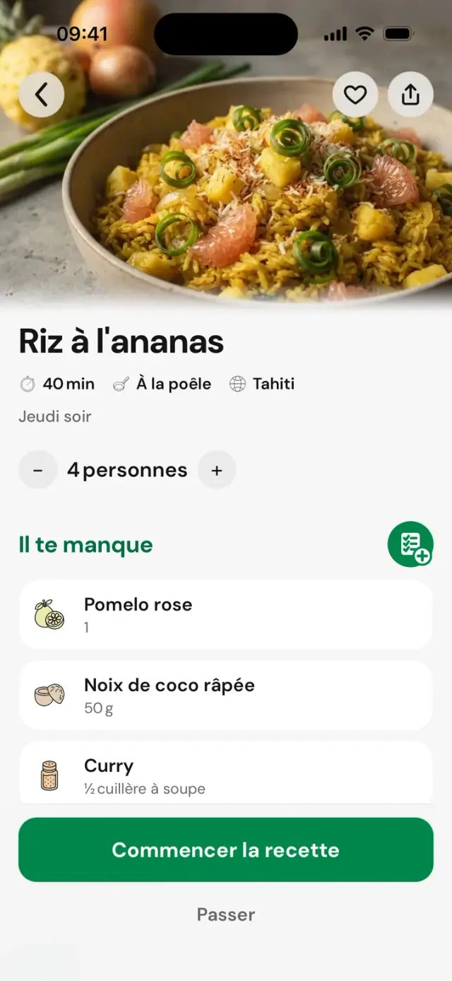 Fiche « Riz à l’ananas »&nbsp;: 40&nbsp;min, Tahiti, 4&nbsp;personnes, Il te manque