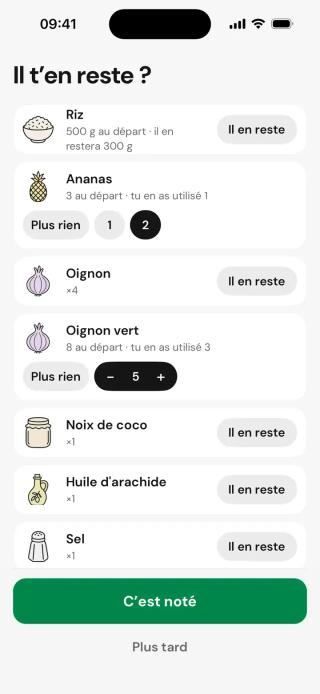 Écran « Il t’en reste ? »&nbsp;: riz, ananas, oignons, avec « Il en reste » ou « Plus rien »