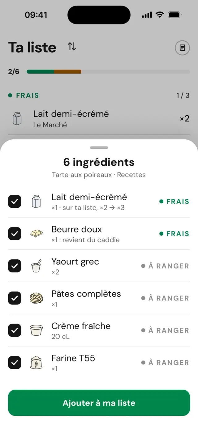 Import des 6&nbsp;ingrédients d’une tarte aux poireaux vers la liste