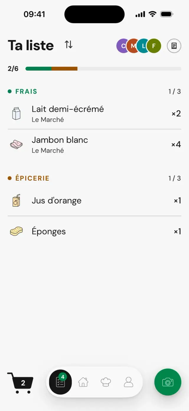 Écran « Ta liste »&nbsp;: liste de courses partagée par quatre personnes, 2&nbsp;articles sur 6 pris, familles Frais et Épicerie