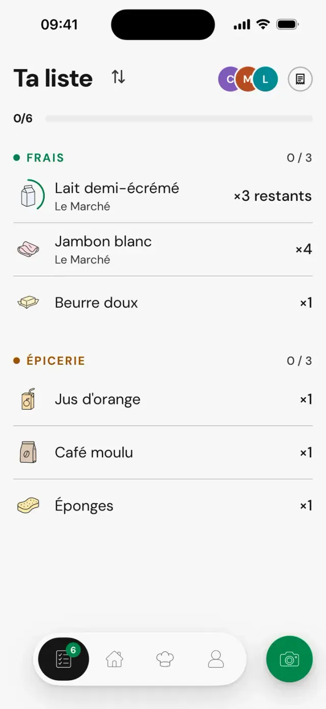 Écran « Ta liste »&nbsp;: lait demi-écrémé, ×3 restants