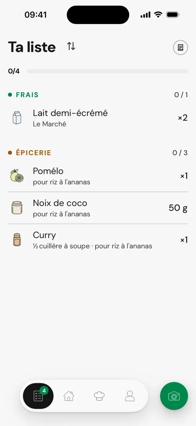 La liste avec pomélo, noix de coco et curry « pour riz à l’ananas »