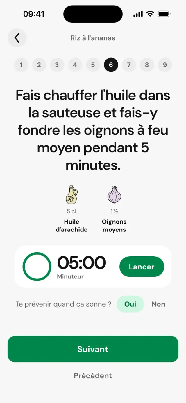 Mode cuisine, étape 5&nbsp;sur 8&nbsp;: faites chauffer l’huile et fondre les oignons, minuteur 05:00