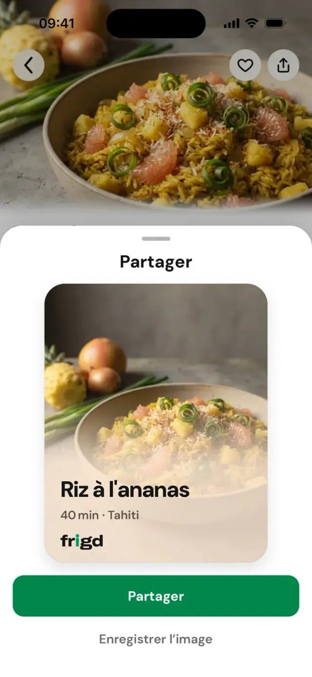 Feuille « Partager » d’une recette avec l’image générée