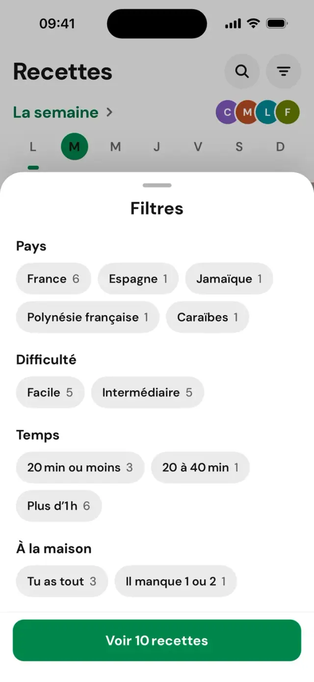 Feuille « Filtres »&nbsp;: pays, temps, À la maison, Voir 10 recettes