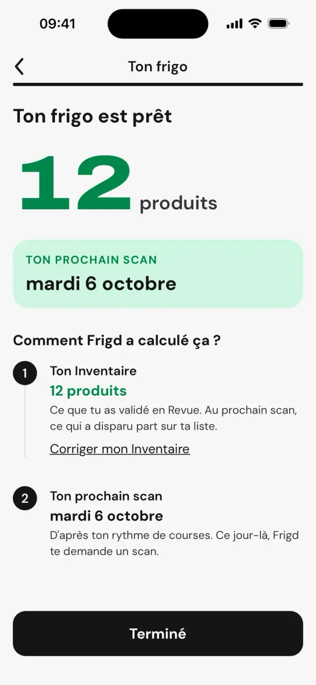 Écran « Ton frigo est prêt »&nbsp;: 12&nbsp;produits, prochain scan lundi 5 octobre