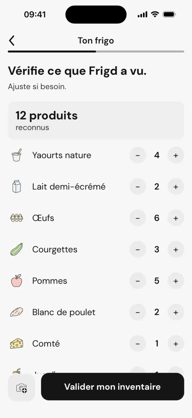 Écran « Vérifie ce que Frigd a vu »&nbsp;: 12&nbsp;produits reconnus, yaourts, lait, œufs, courgettes…