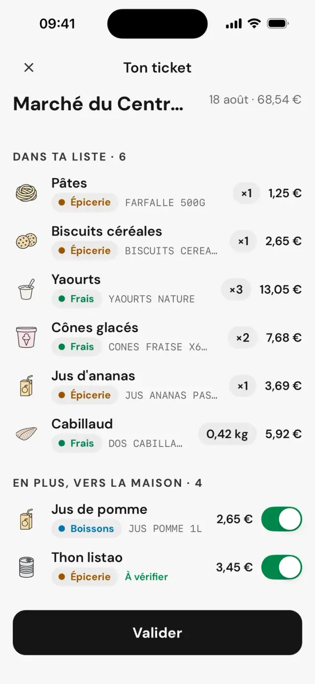 Rapprochement du ticket&nbsp;: Dans ta liste · 6, En plus, vers la maison · 4
