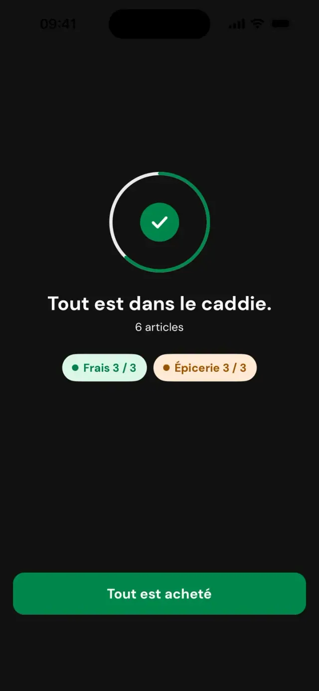 Écran « Tout est dans le caddie. 6&nbsp;articles », Frais 3&nbsp;sur 3, Épicerie 3&nbsp;sur 3