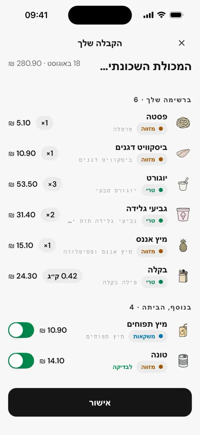 התאמת הקבלה: ברשימה שלך · 6, בנוסף, הביתה · 4