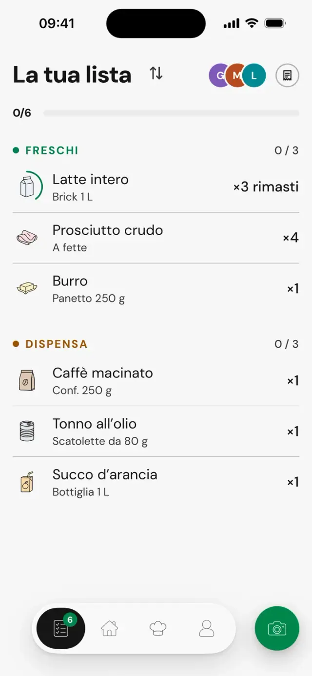 Schermata «La tua lista»: latte intero, ×3 rimasti