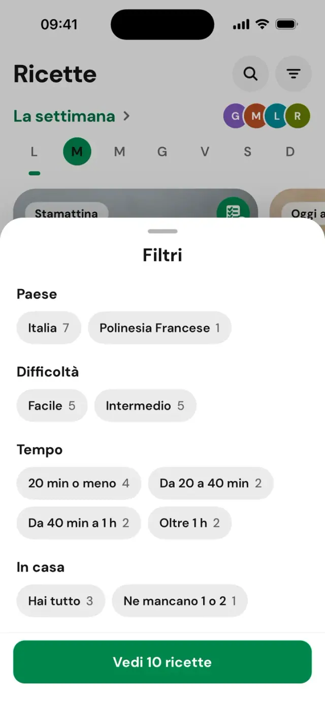 Pannello «Filtri»: paese, tempo, In casa