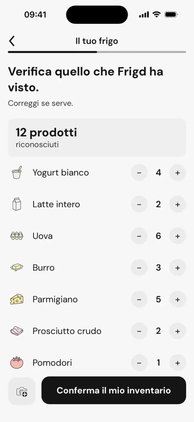 Schermata «Verifica quello che Frigd ha visto.»: 12 prodotti riconosciuti, con le quantità