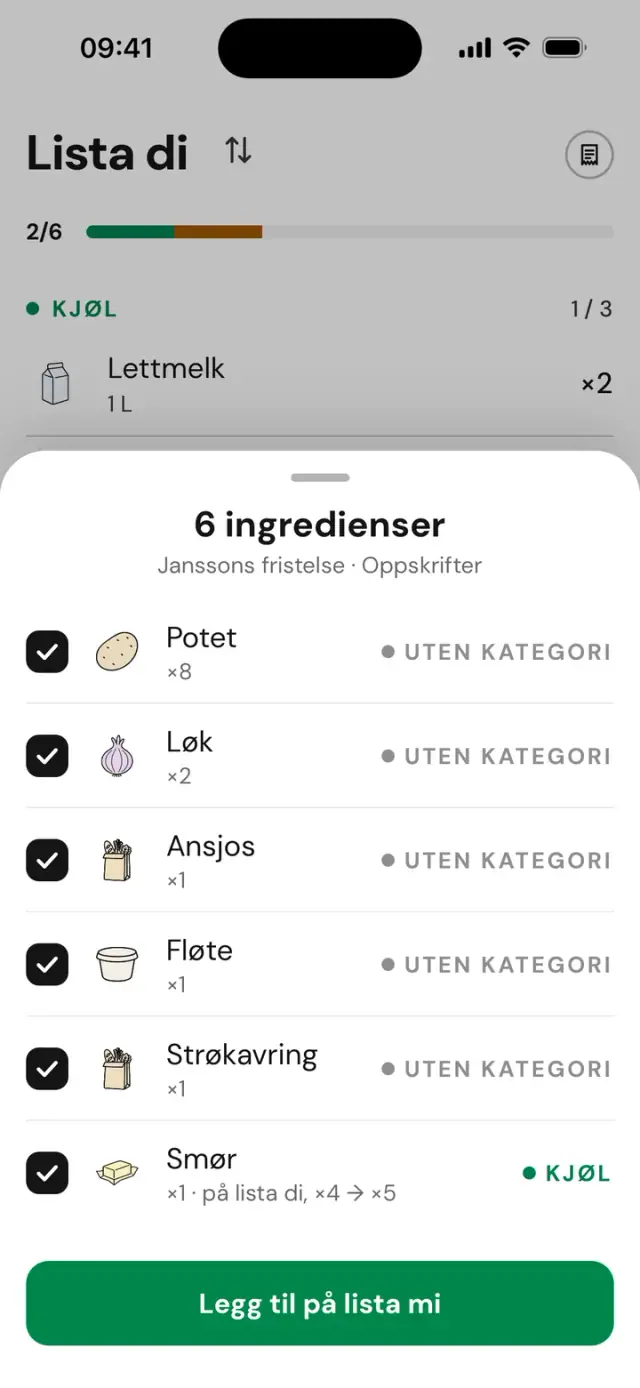 Ingrediensene fra en oppskrift lagt på lista