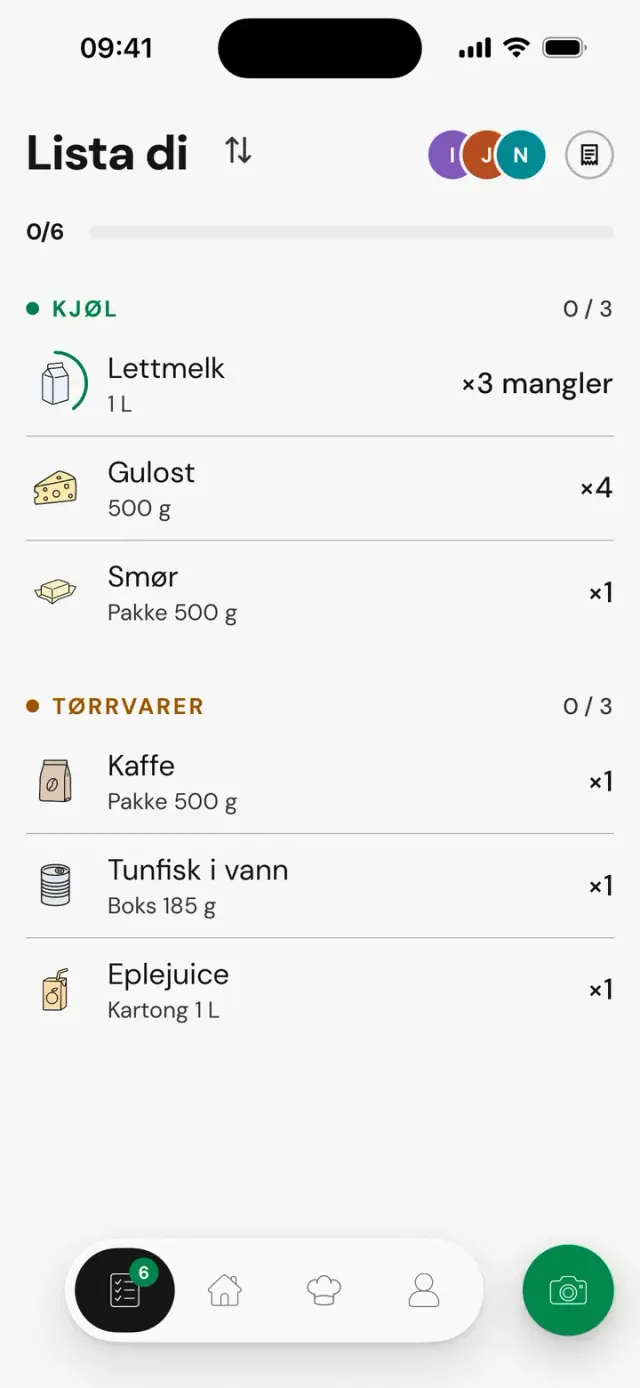Skjermen «Lista di»: lettmelk, ×3 mangler