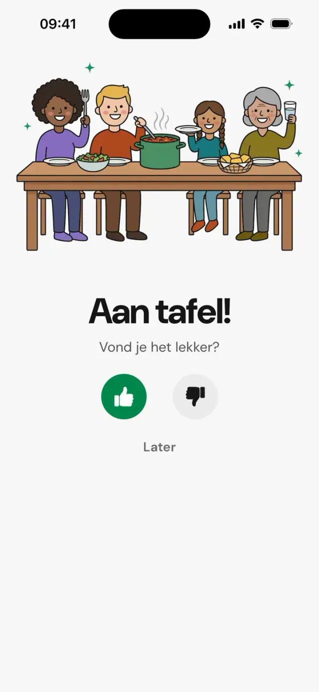 Scherm ‘Aan tafel! Vond je het lekker?’ met een gezin aan tafel