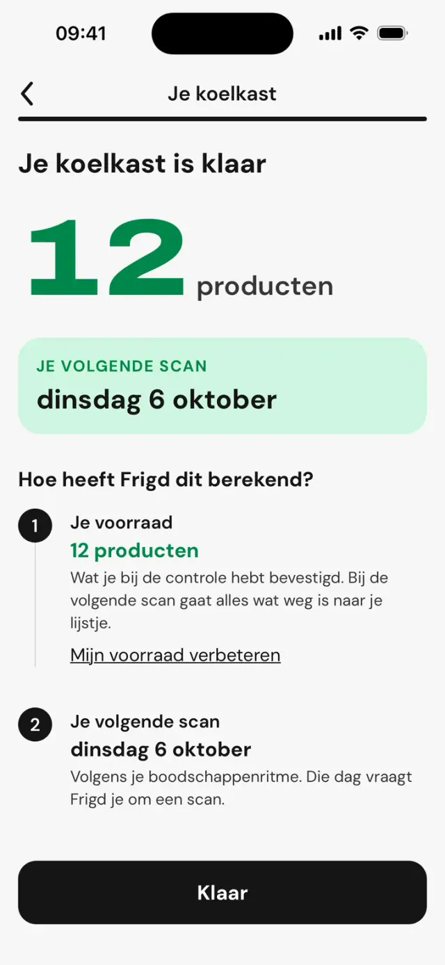Scherm ‘Je koelkast is klaar’: 12 producten en de datum van de volgende scan