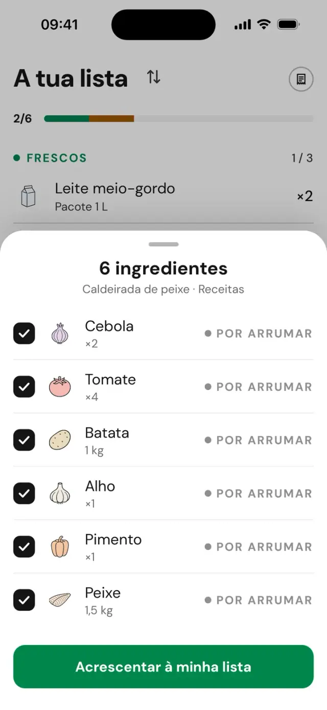 Os ingredientes de uma receita importados para a lista