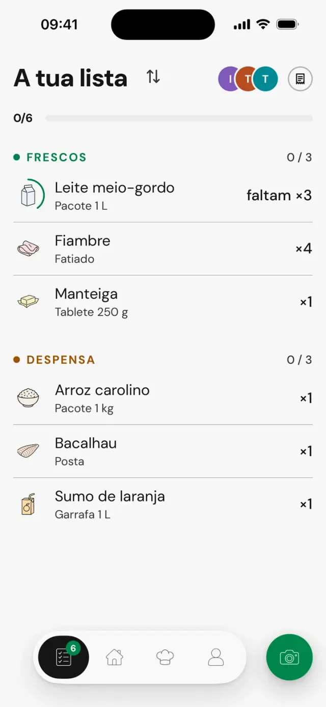 Ecrã «A tua lista»: leite meio-gordo, faltam ×3
