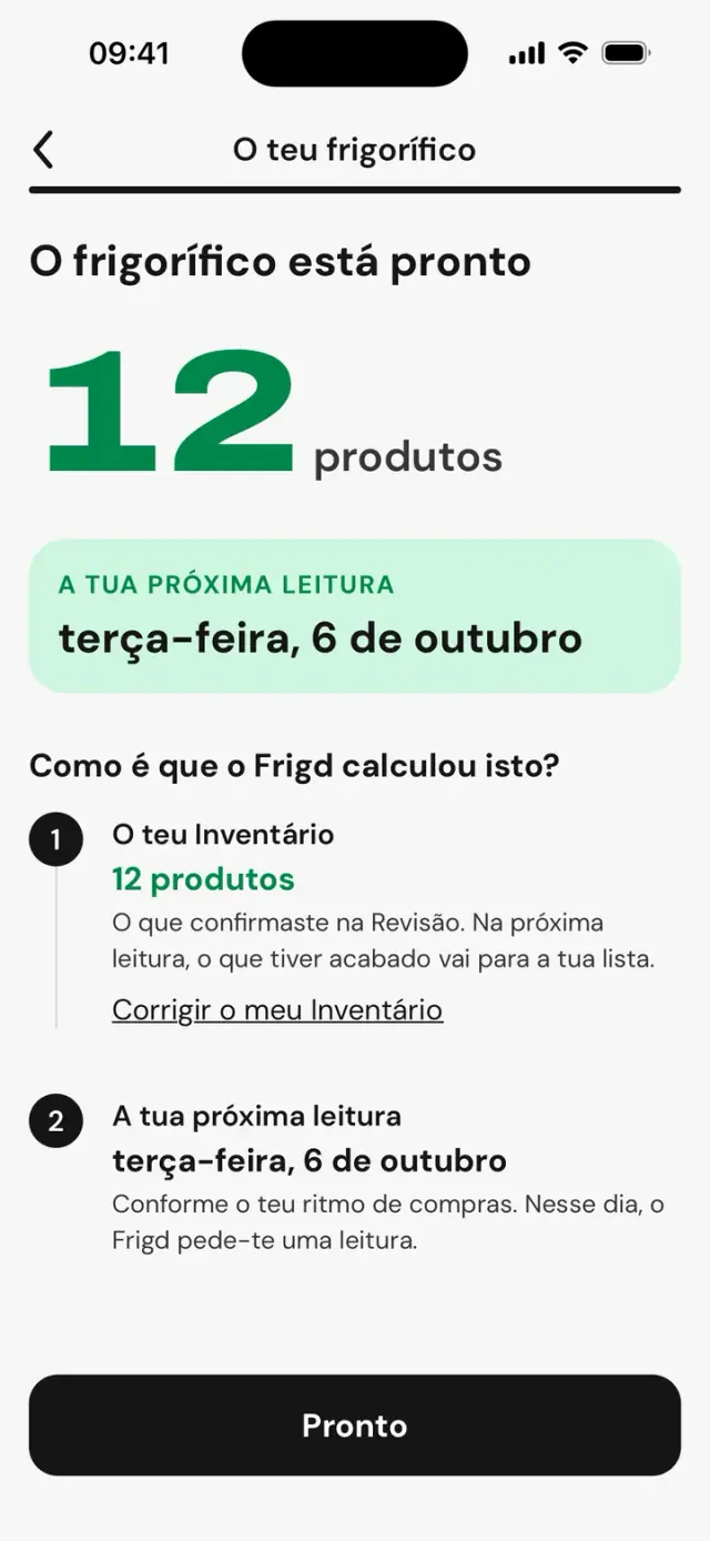 Ecrã «O frigorífico está pronto»: 12 produtos e a data do próximo scan