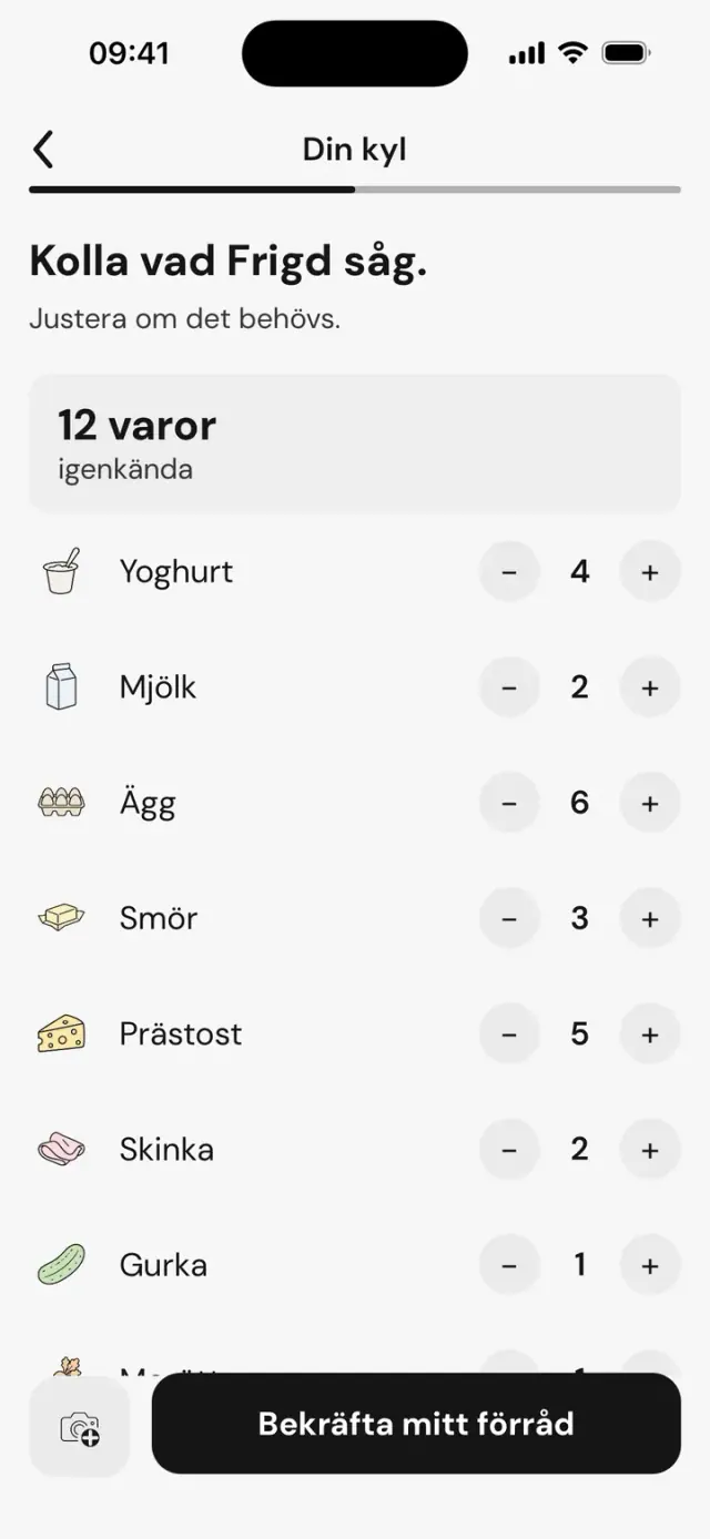 Skärmen ”Kolla vad Frigd såg.”: 12 igenkända varor med antal