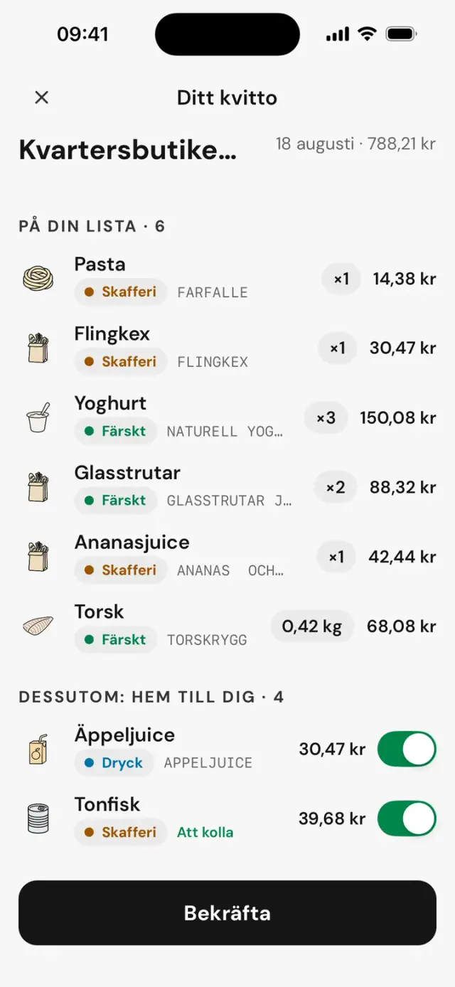 Kvittot matchat: På din lista · 6, Dessutom: hem till dig · 4