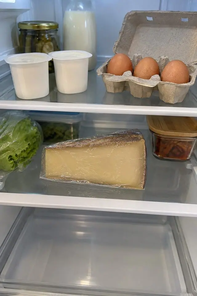 L’intérieur d’un frigo&nbsp;: yaourts, lait, œufs, fromage et salade