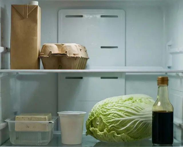冰箱内部:牛奶、豆腐、白菜、酱油和酸奶